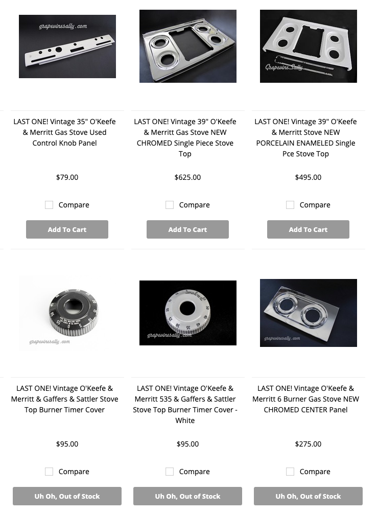 Screen grab of the site grapevinesally.com that shows a product grid of oven parts that includes images, descriptions and prices.